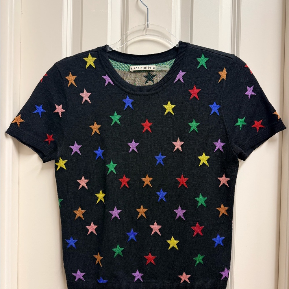 Alice + Olivia Black Sweater with Green and Purple Accents